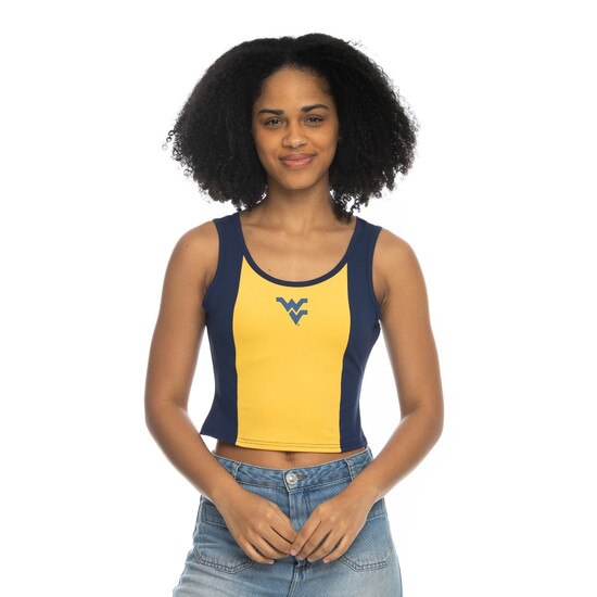 Model wearing the navy and gold color blocked WVU cropped tank top with a small navy Flying WV on the front